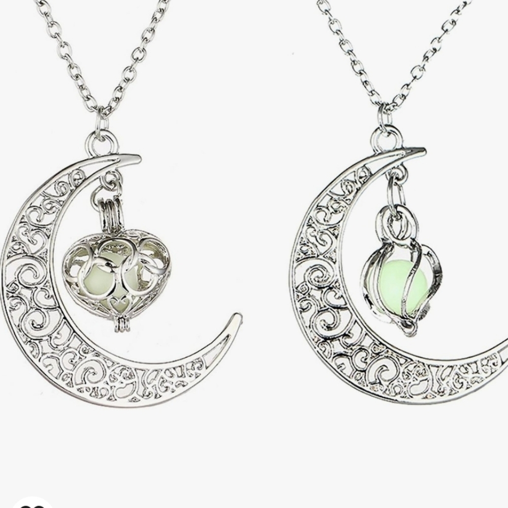 MJartoria Necklace Set of 2 Moon & Filigree Crystal Pendants Glow in the Dark